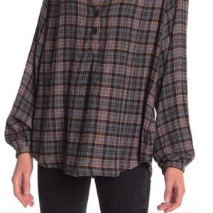 Free People Gray and Black Boxy Blouse with Mandarin Collar